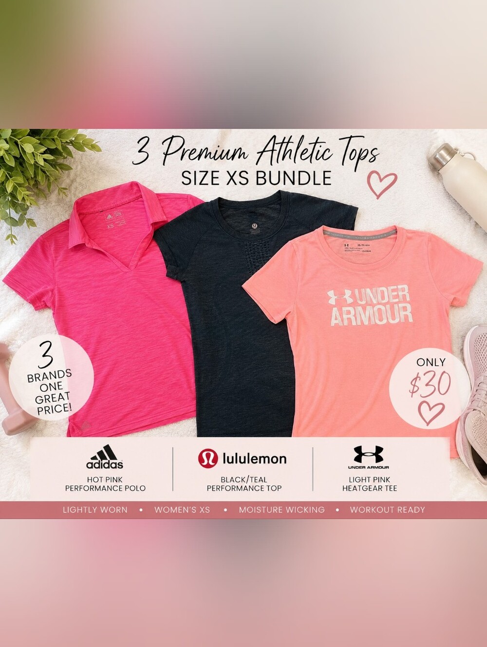 🦚Lululemon + Adidas + Under Armour Athletic Top Bundle | W XS | 3 Performance